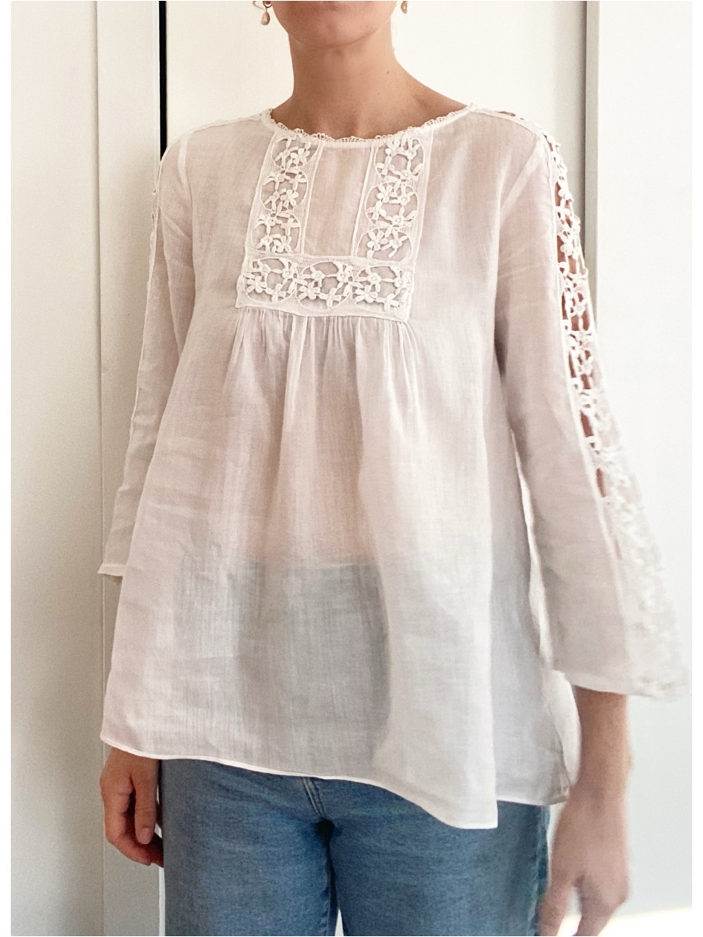 Zara White Embroidered Cotton Gauze Boho Peasant Blouse Small Cottagecore